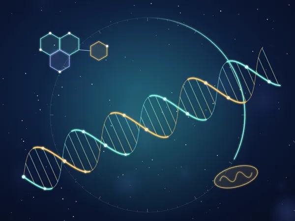 Illustration of longevity science: DNA double helix, NAD+ molecule and a biological clock