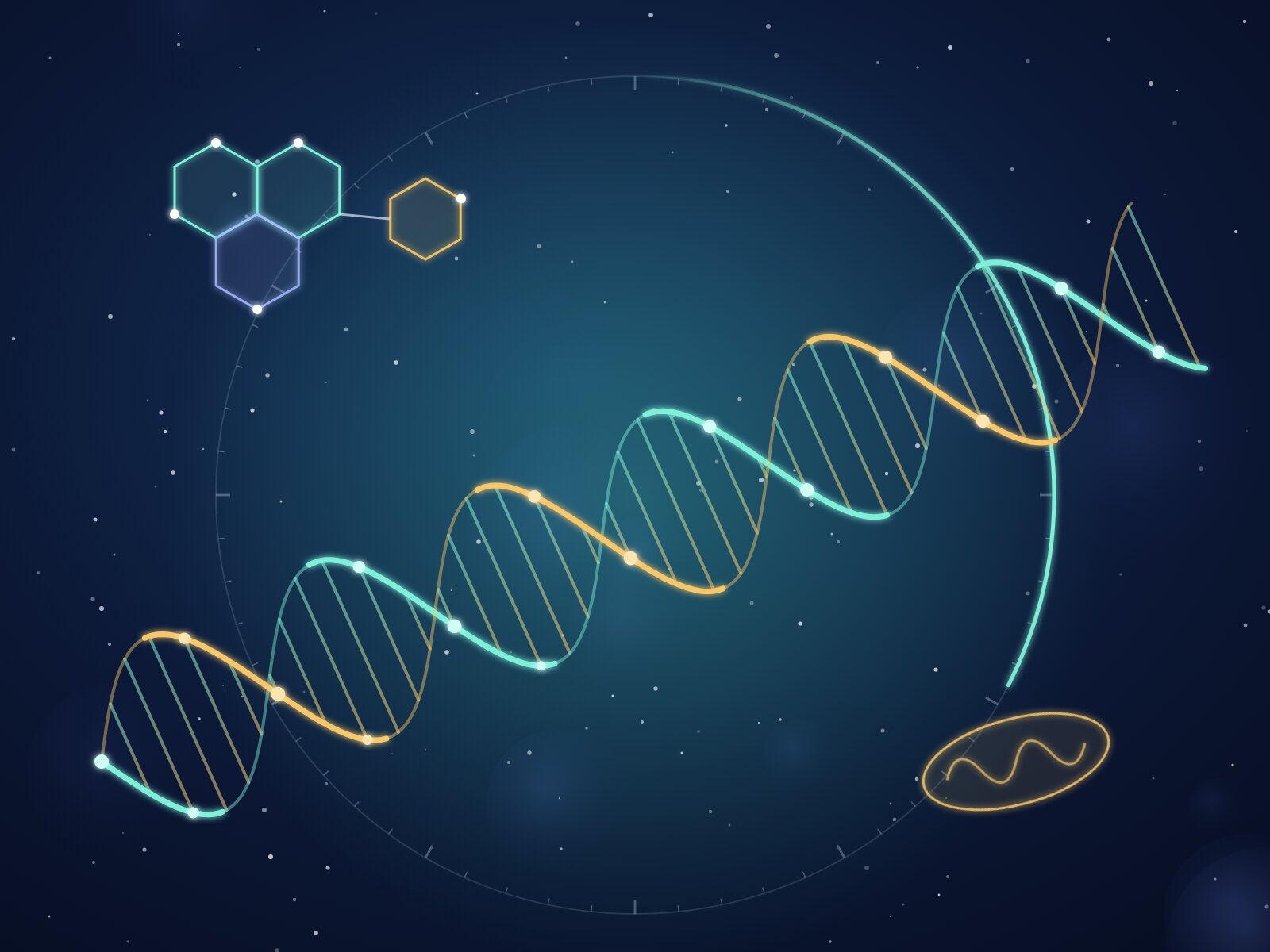 Ilustración de la ciencia de la longevidad: hélice de ADN, molécula de NAD+ y reloj biológico